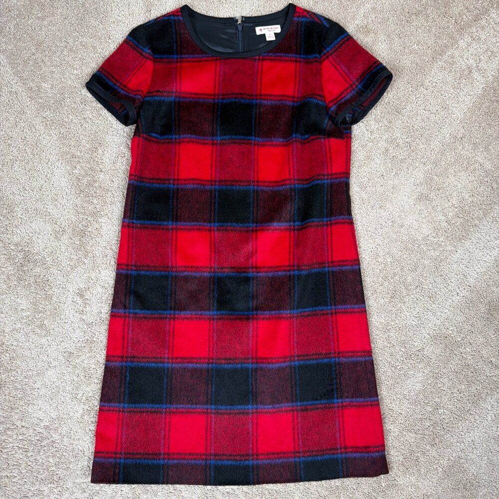 Brooks Brothers Red Fleece Dress Womens 4 Red Plaid Preppy Tailored Sheath Wool